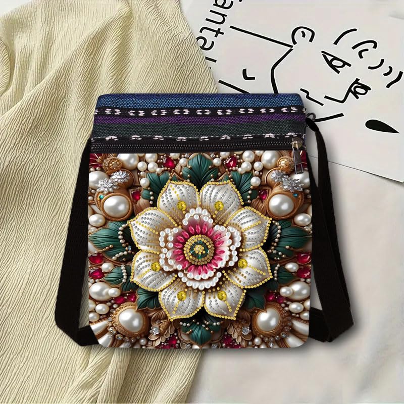 LSQFS DIY Diamond Art Painting Crossbody Bag for Women, Diamond Art Kits for Adults Ethnic Floral Pattern Shoulder Purse with Adjustable Strap & Zipper, Handmade Craft Bag for Shopping Traveling - color: Flower 3