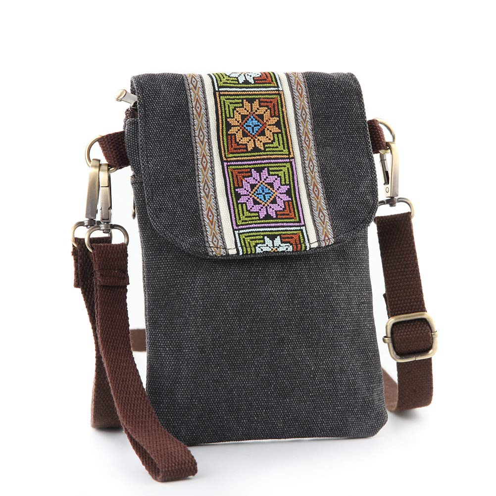SILKAREA Vintage Embroidered Canvas Flip Small Crossbody Bag Cell Phone Pouch for Women Wristlet Wallet Bag Coin Purse - color: Black